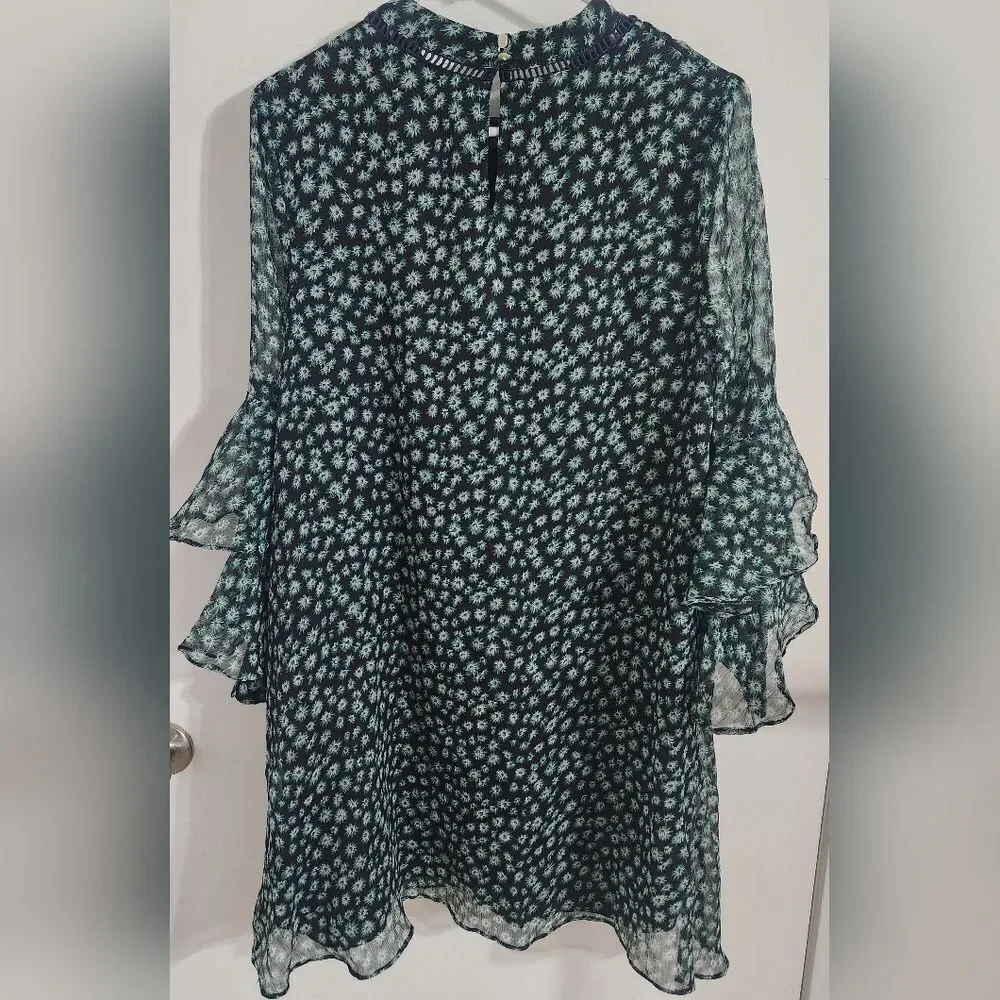 Floral Ruffle-Sleeve Shift Dress - Teal/Black - Picture 9 of 12